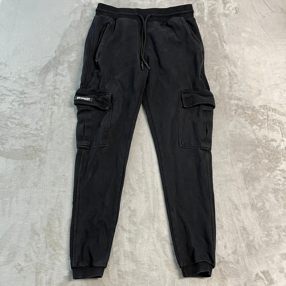YoungLA Men XL Black Cargo Joggers Cotton Gym Sweatpants Tapered Athletic Pants